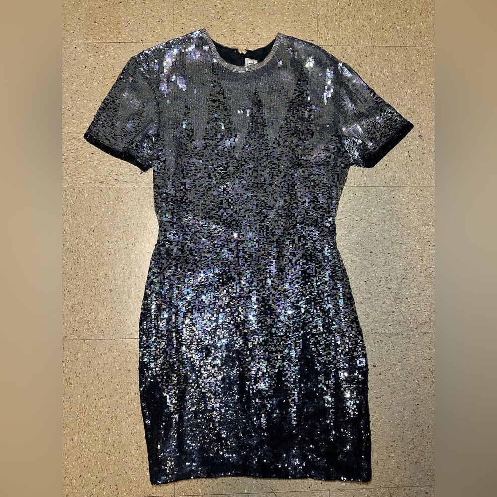 Naeem Khan Riazee Nights Silk Silver Black Sequin Mini Sheath Dress Vintage Sz M